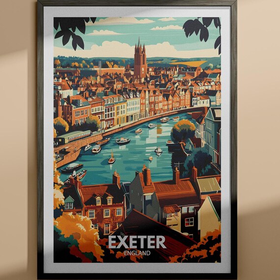 Exeter England River Boats Red Rooftops Vintage Travel Poster