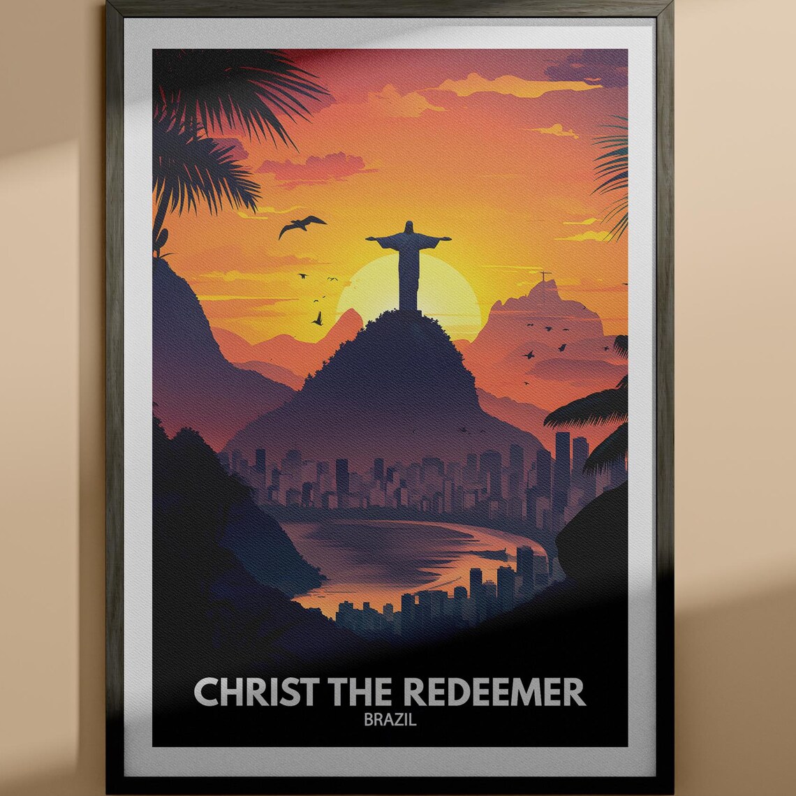 Christ the Redeemer Brazil Rio Sunset Silhouette Cityscape Travel Poster