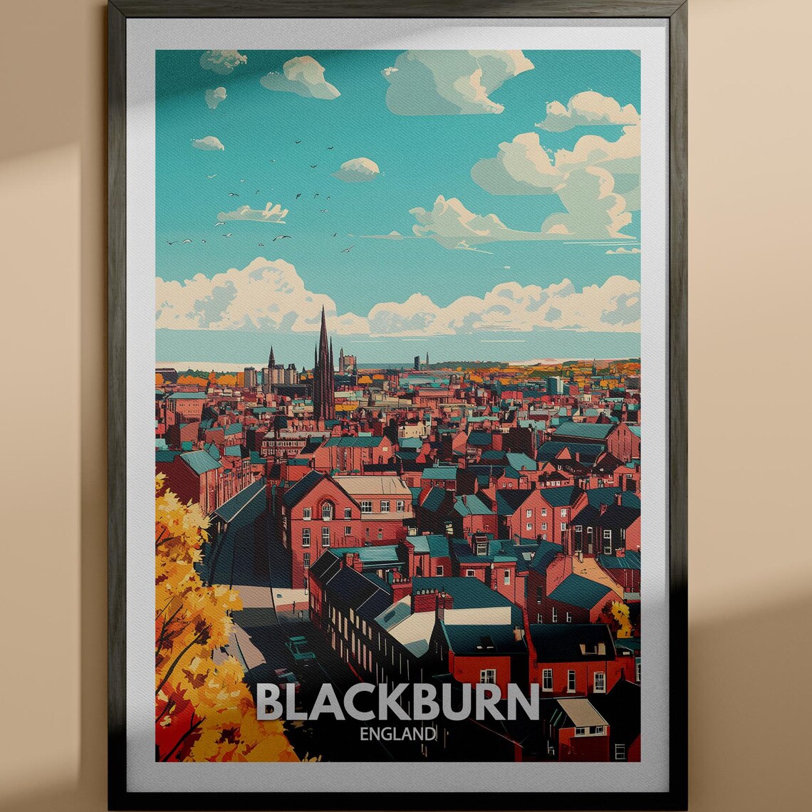 Blackburn England Cathedral Spires Rooftop Skyline Travel Poster