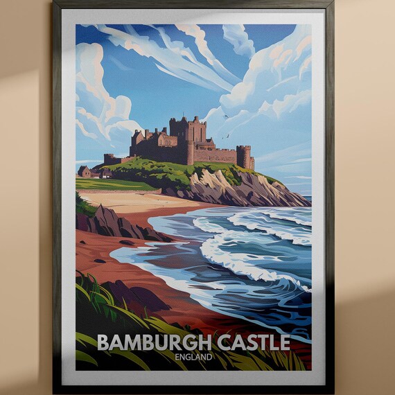 Bamburgh Castle England Beach Waves Coastline Fortress Travel Poster