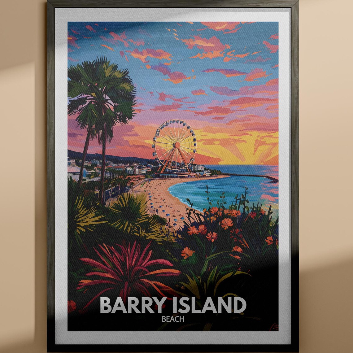 Barry Island Beach Ferris Wheel Sunset Vintage Travel Poster