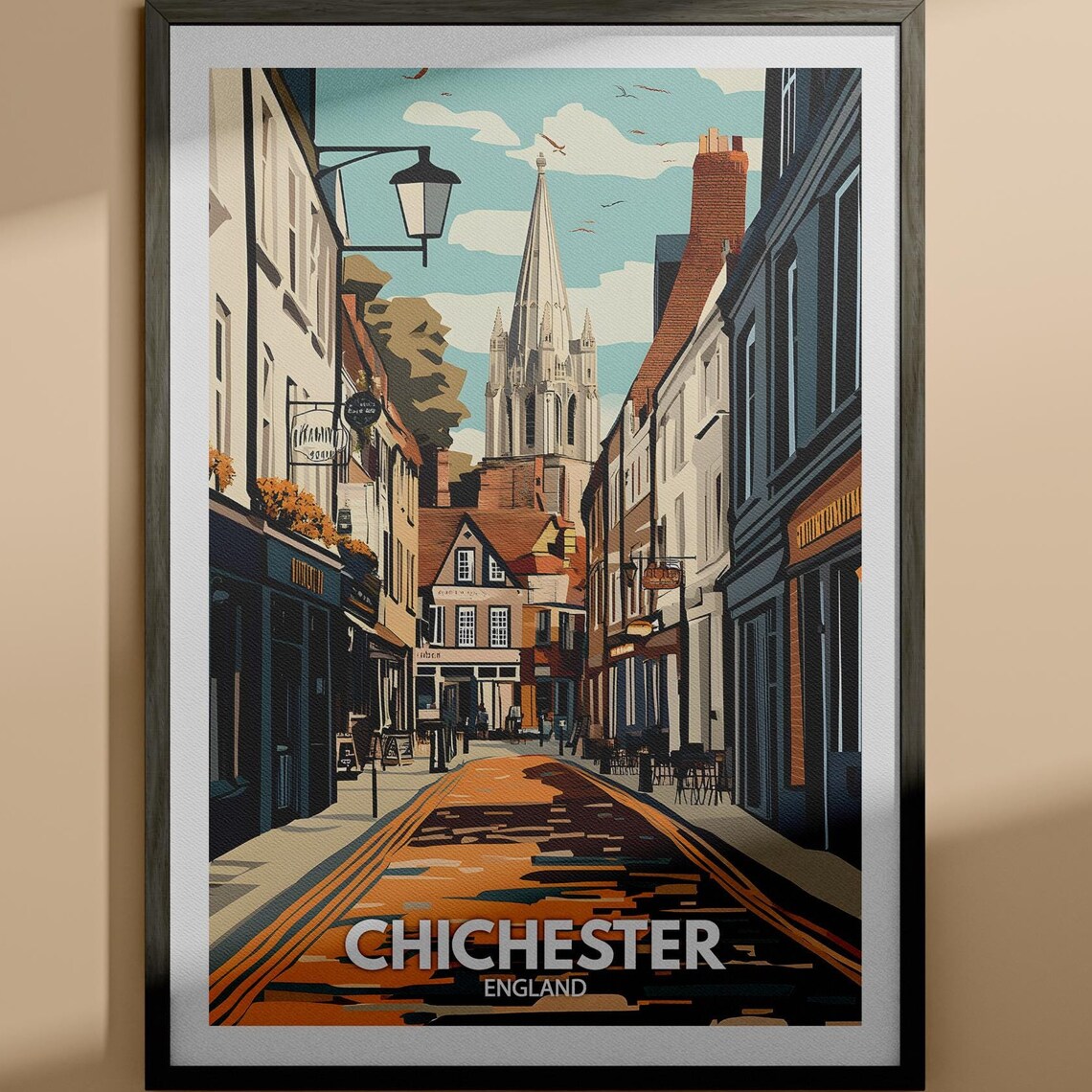 Chichester England Cathedral Spire Market Street Vintage Travel Poster