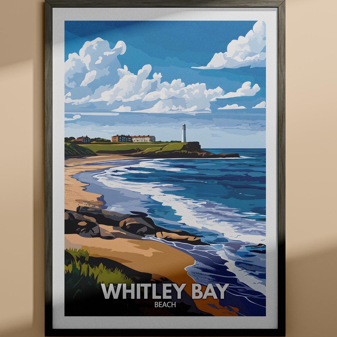 Whitley Bay Beach England Lighthouse Distant Shore Travel Poster