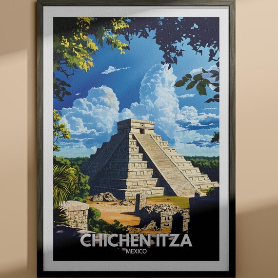 Chichen Itza Mexico El Castillo Pyramid Jungle Vintage Travel Poster
