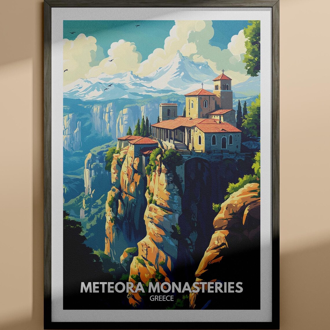 Meteora Monasteries Greece Cliff Top Sunset Sky Travel Poster