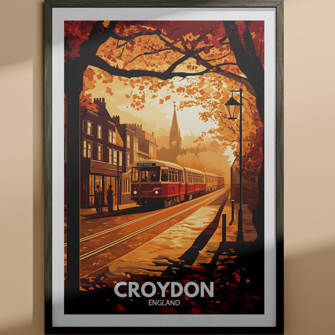 Croydon England Autumn Tram Golden Street Vintage Travel Poster