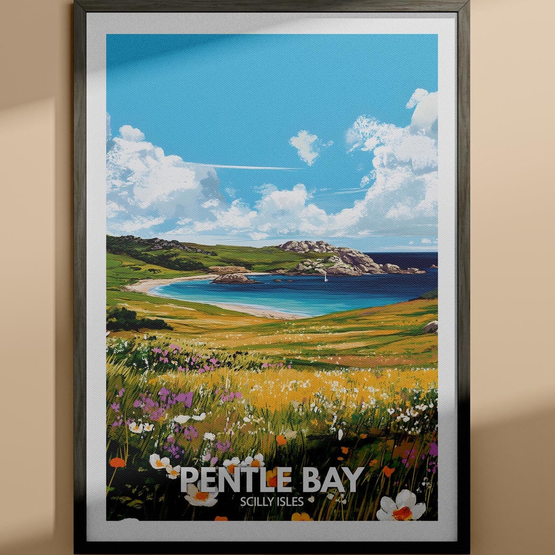 Pentle Bay Scilly Isles Wildflower Meadow Cove Vintage Travel Poster