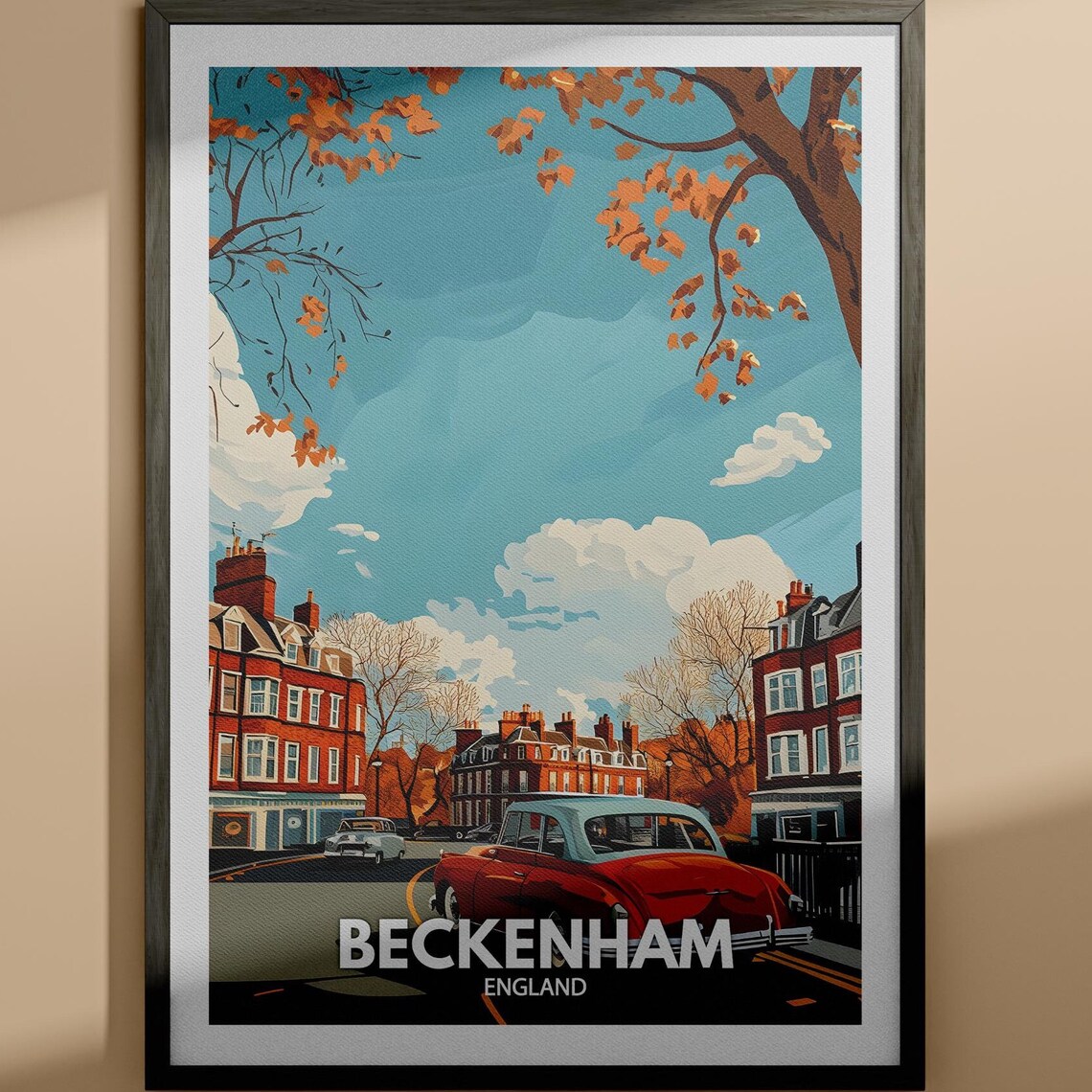 Beckenham England Vintage Cars Autumn Street Retro Travel Poster