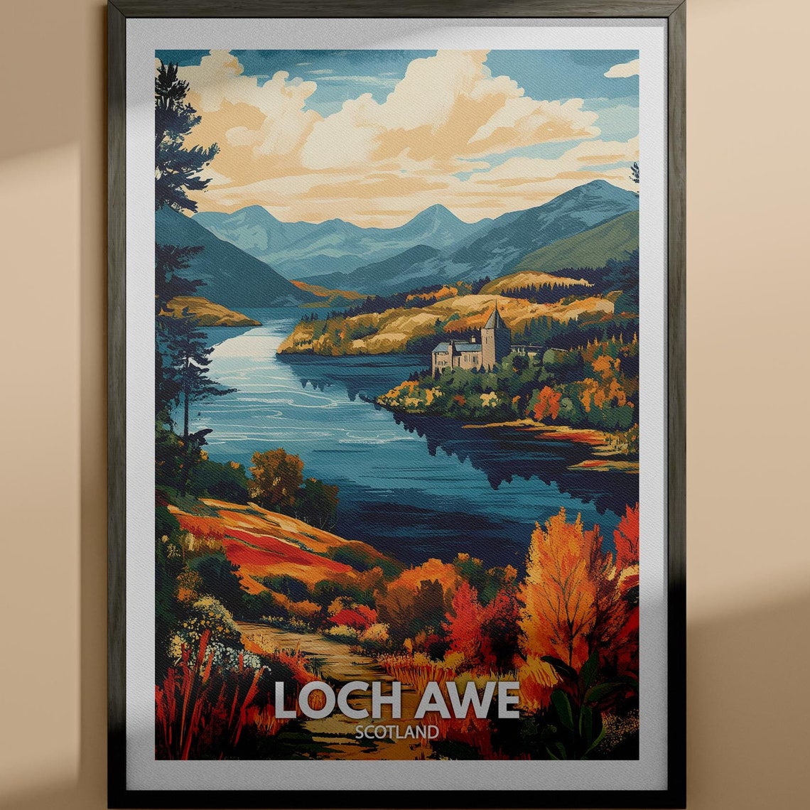 Loch Awe Scotland Stone Castle Tower Autumn Lake Travel Poster