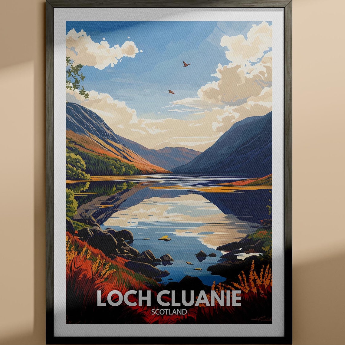Loch Cluanie Scotland Mirror Mountain Lake Retro Travel Poster