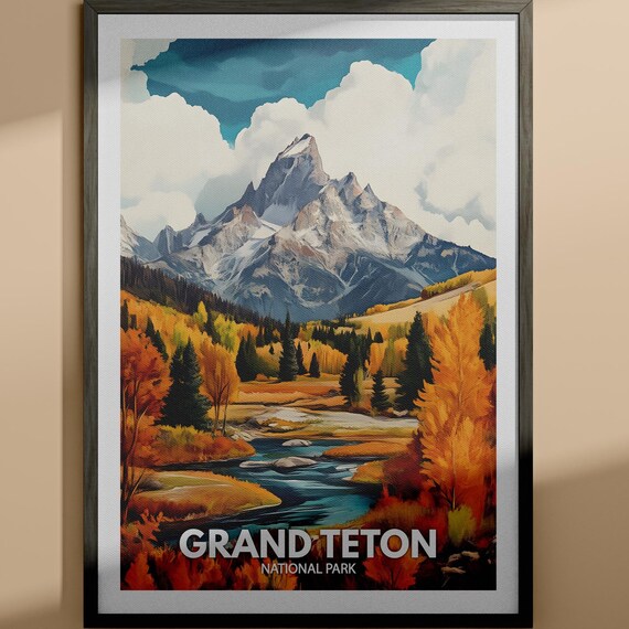 Grand Teton National Park Snowy Peak Autumn River Scenic Travel Poster