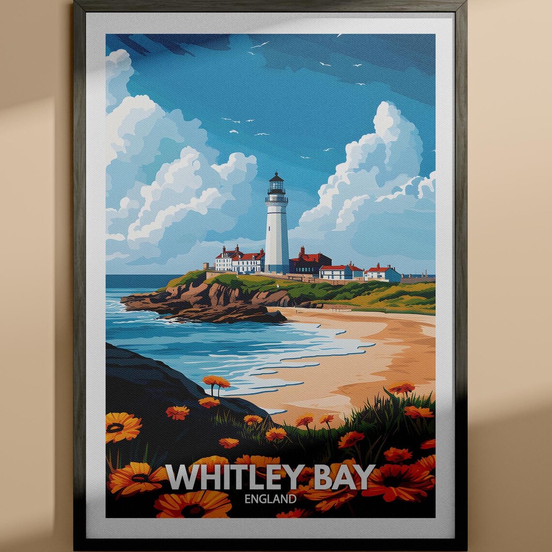 Whitley Bay England Lighthouse Rocky Coastline Travel Poster