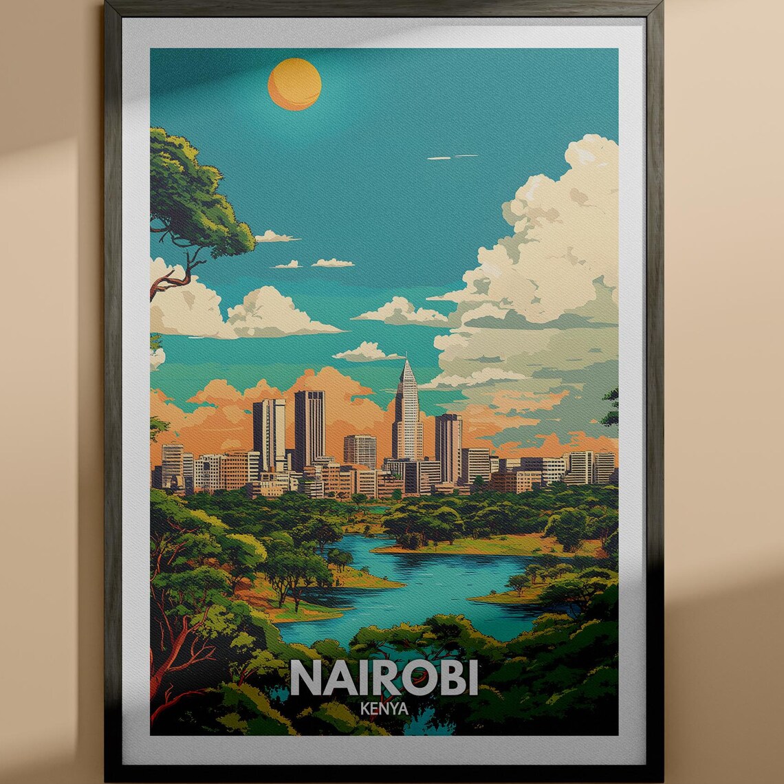 Nairobi Kenya Skyline From Green Park Lake Sunset Travel Poster