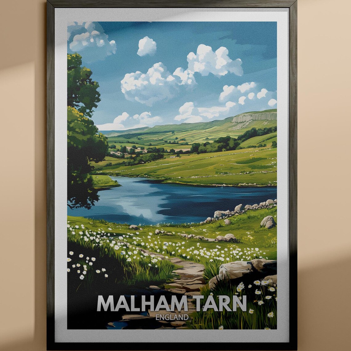 Malham Tarn England Limestone Meadow Daisies Retro Travel Poster