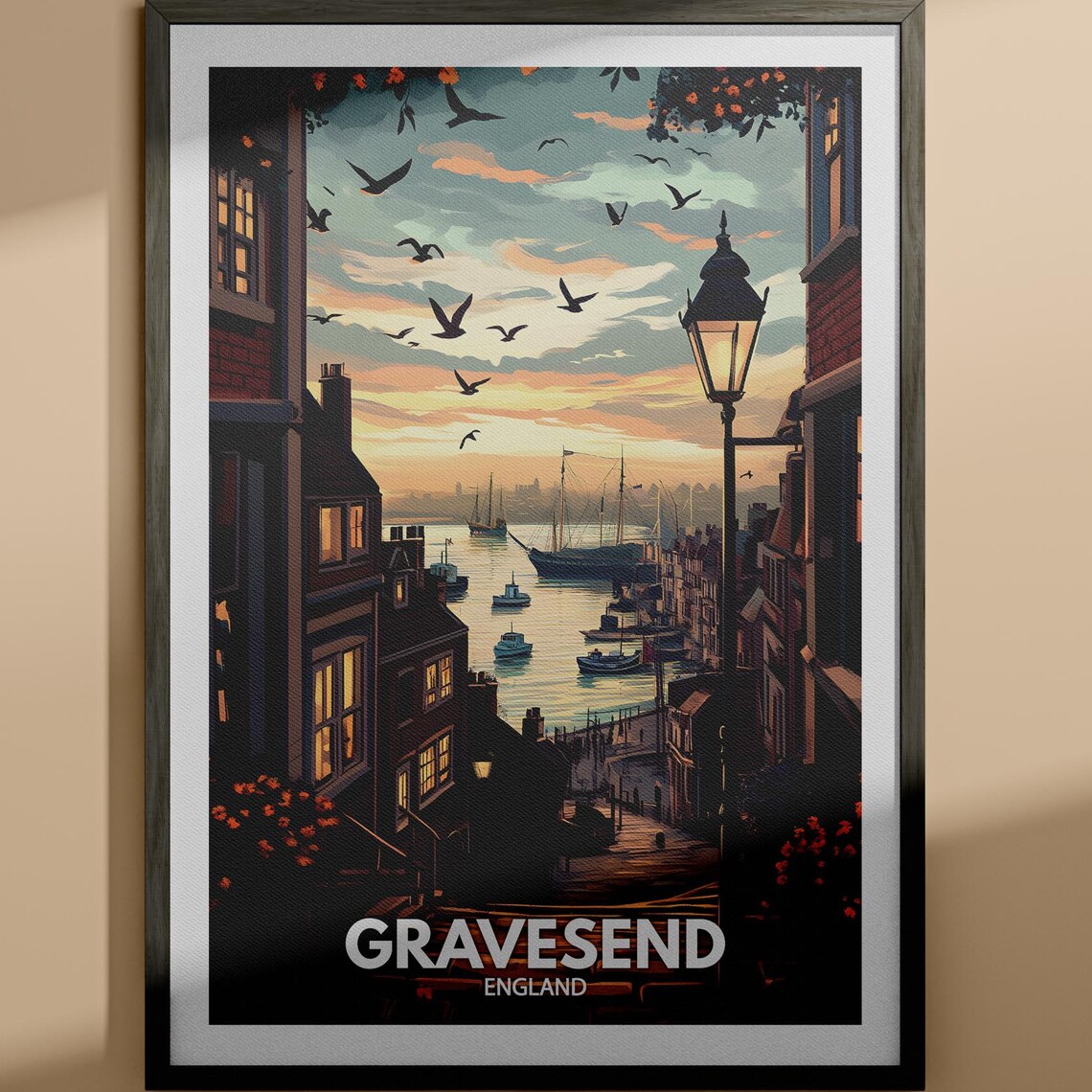 Gravesend England Sunset Harbor Ships Gull Vintage Style Poster