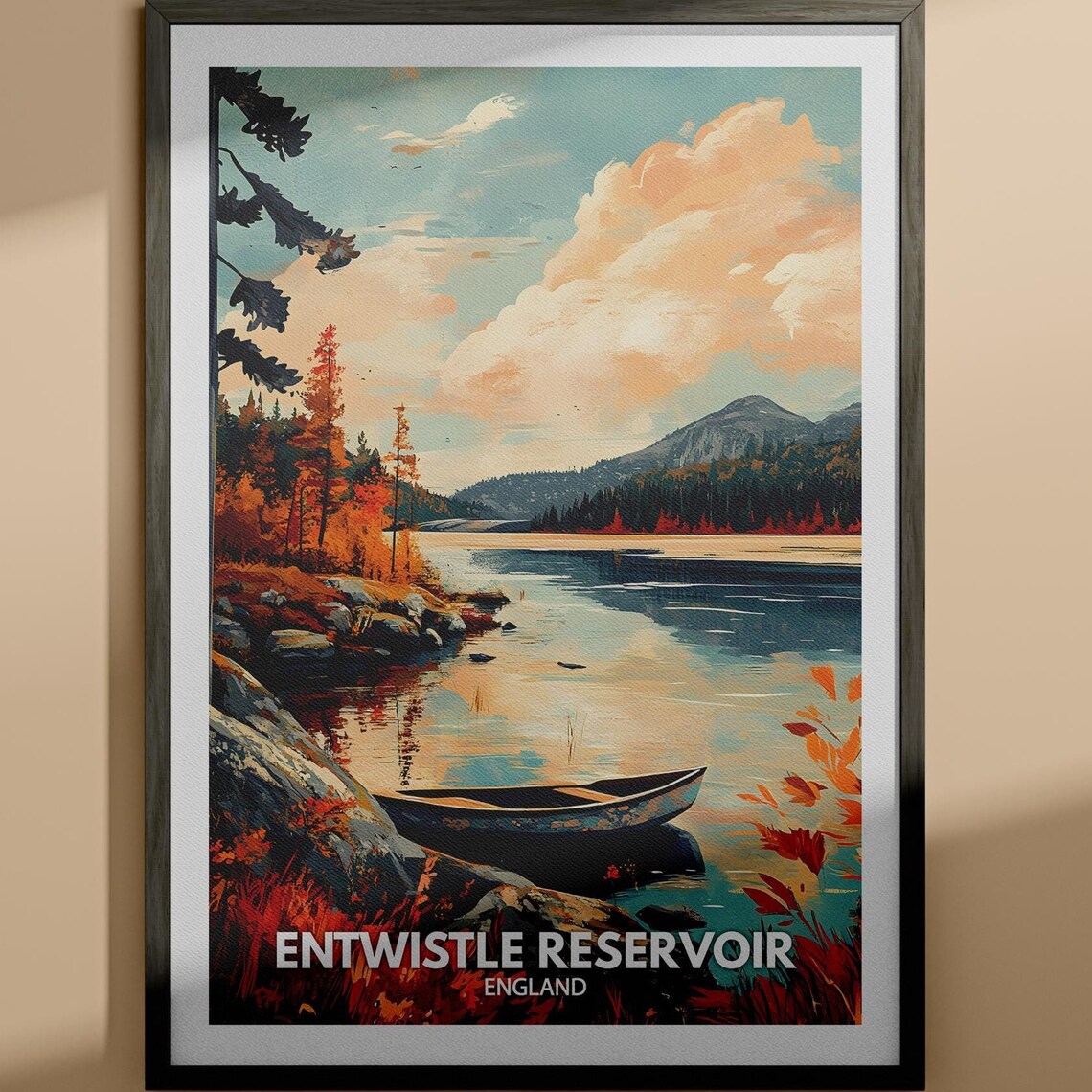 Entwistle Reservoir England Vintage Travel Poster Autumn Lake View