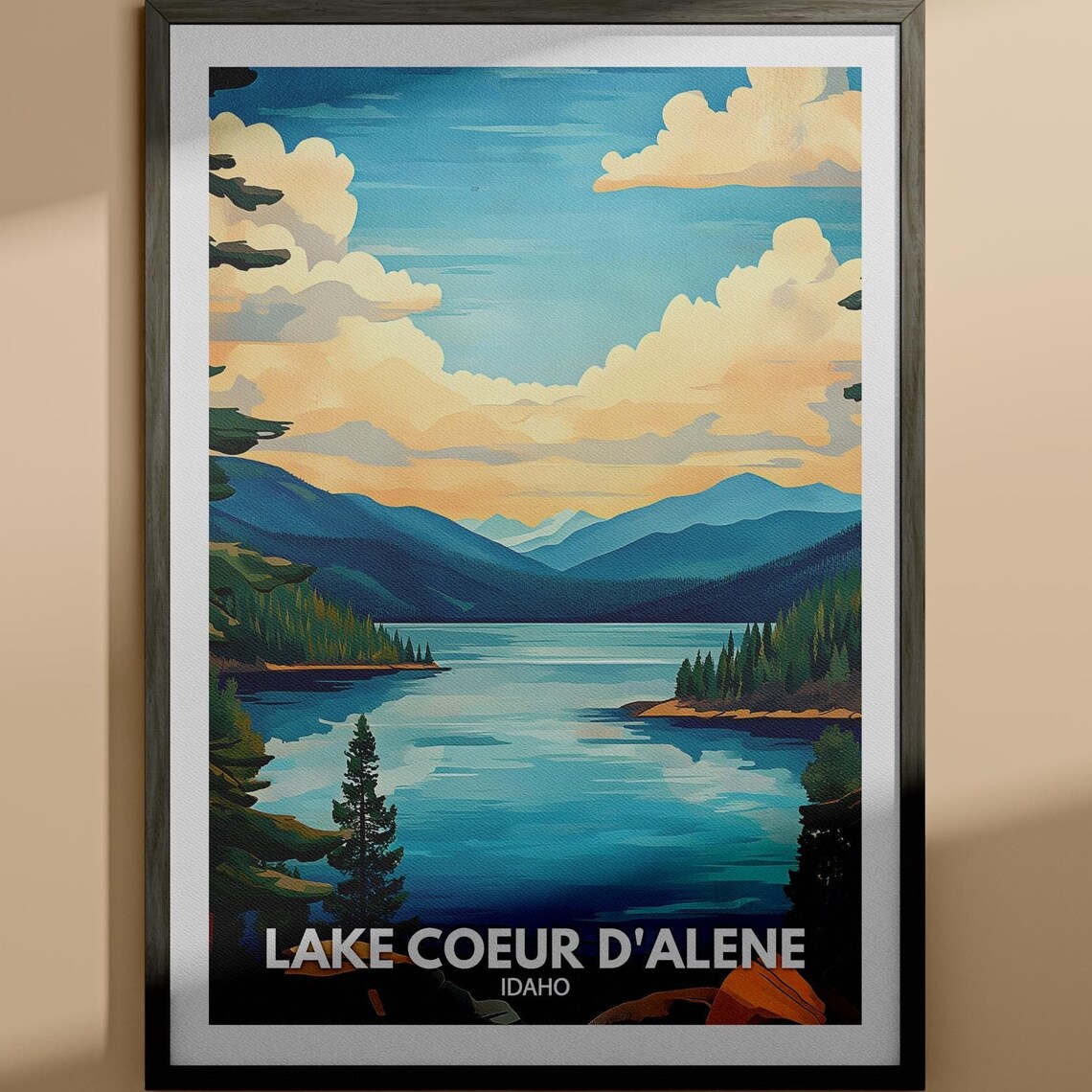 Lake Coeur D'Alene Idaho Mountain Lake Pines Evergreen Travel Poster