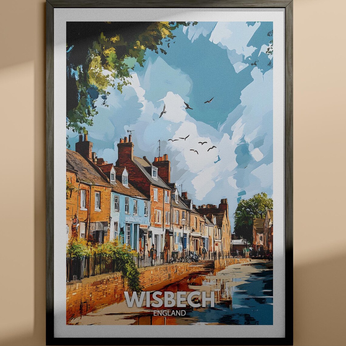 Wisbech England Riverside Georgian Houses Boats Vintage Travel Poster