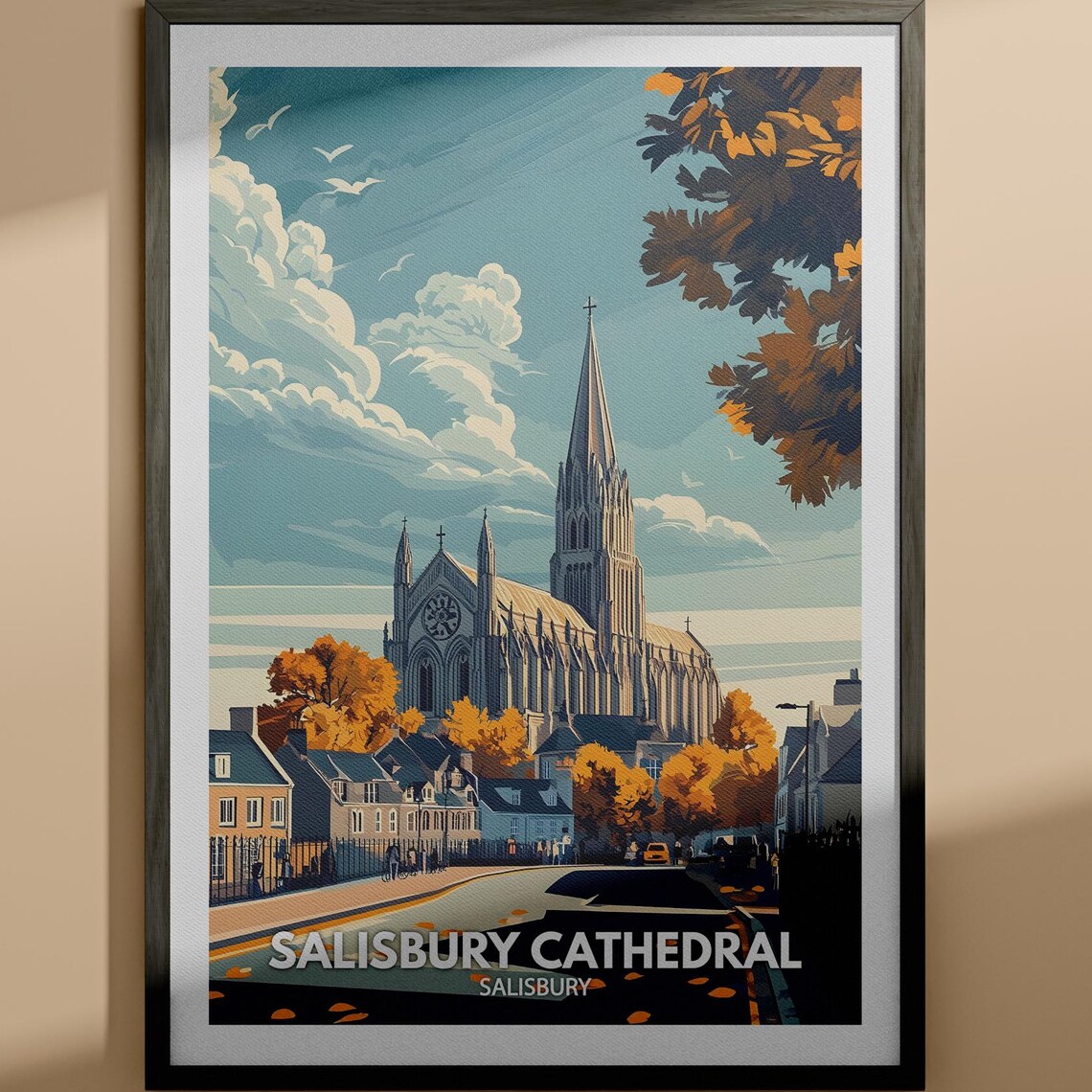 Salisbury Cathedral Spire Autumn Street English Heritage Travel Poster