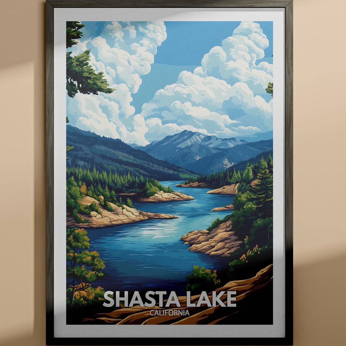 Shasta Lake California Mountain Pines Vintage Style Travel Poster