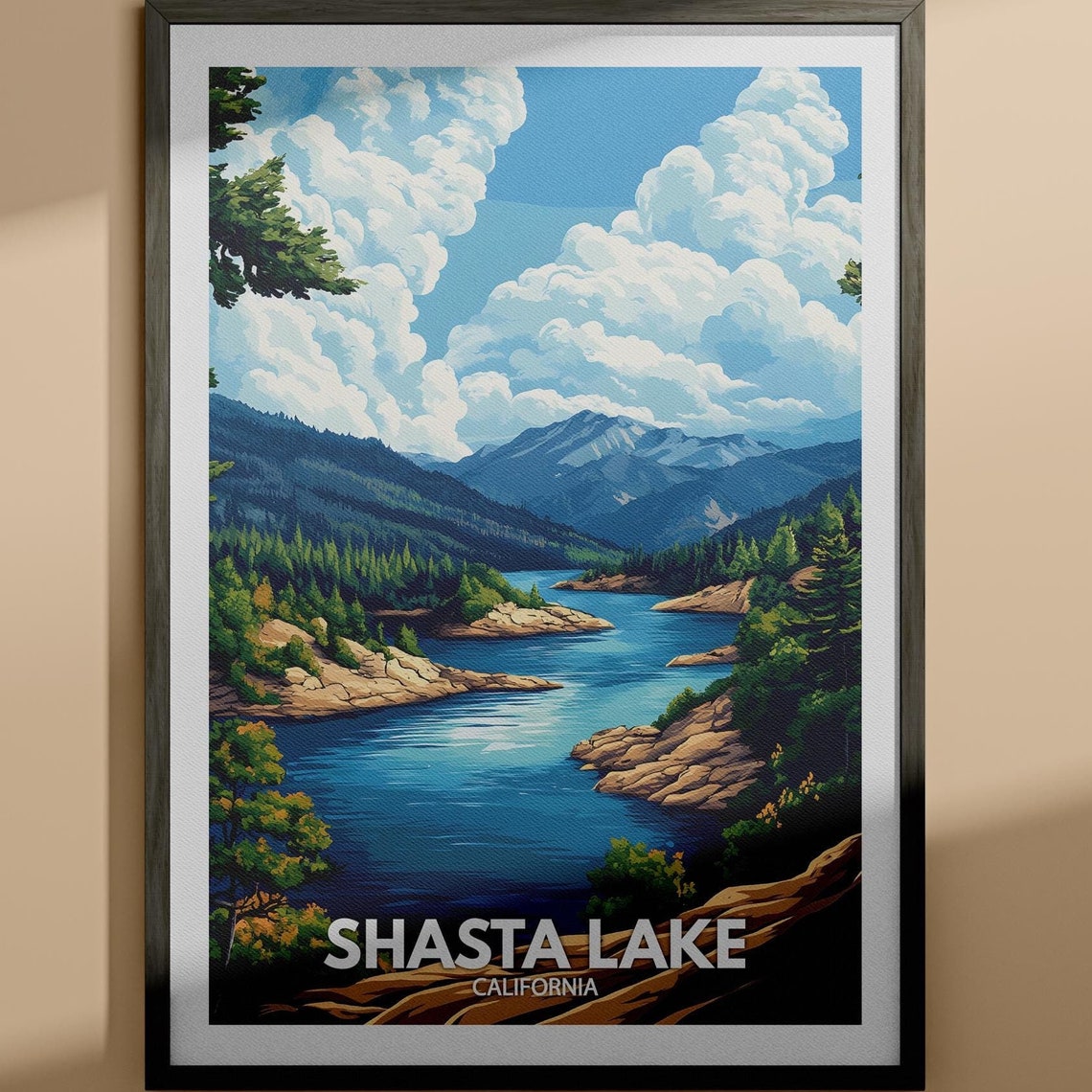 Shasta Lake Print Shasta Lake Poster California Lake Art California Travel Poster Nature Prints