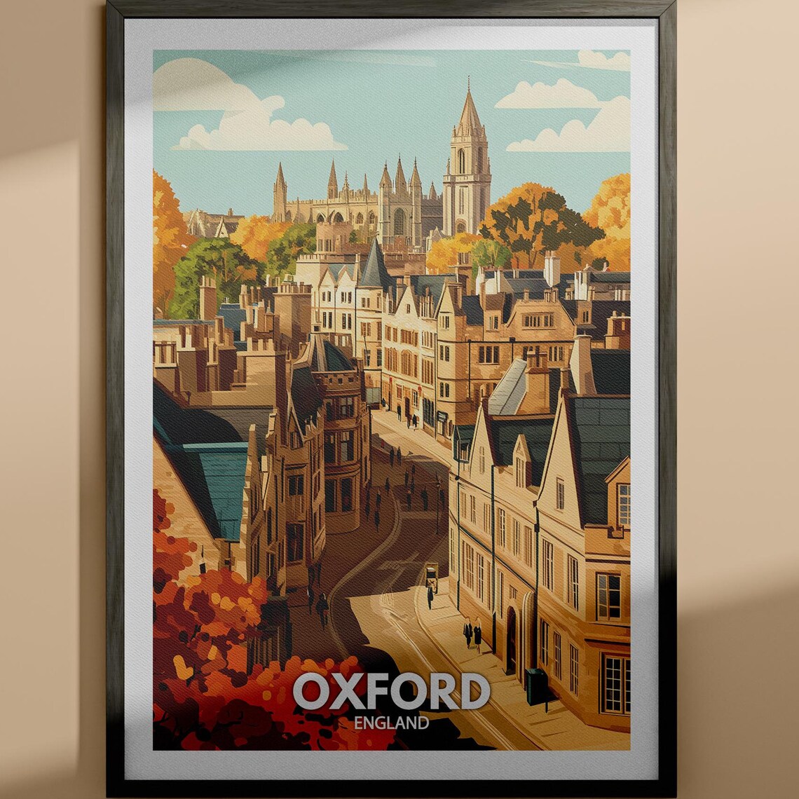 Oxford England Historic Spires Autumn Street Vintage Travel Poster