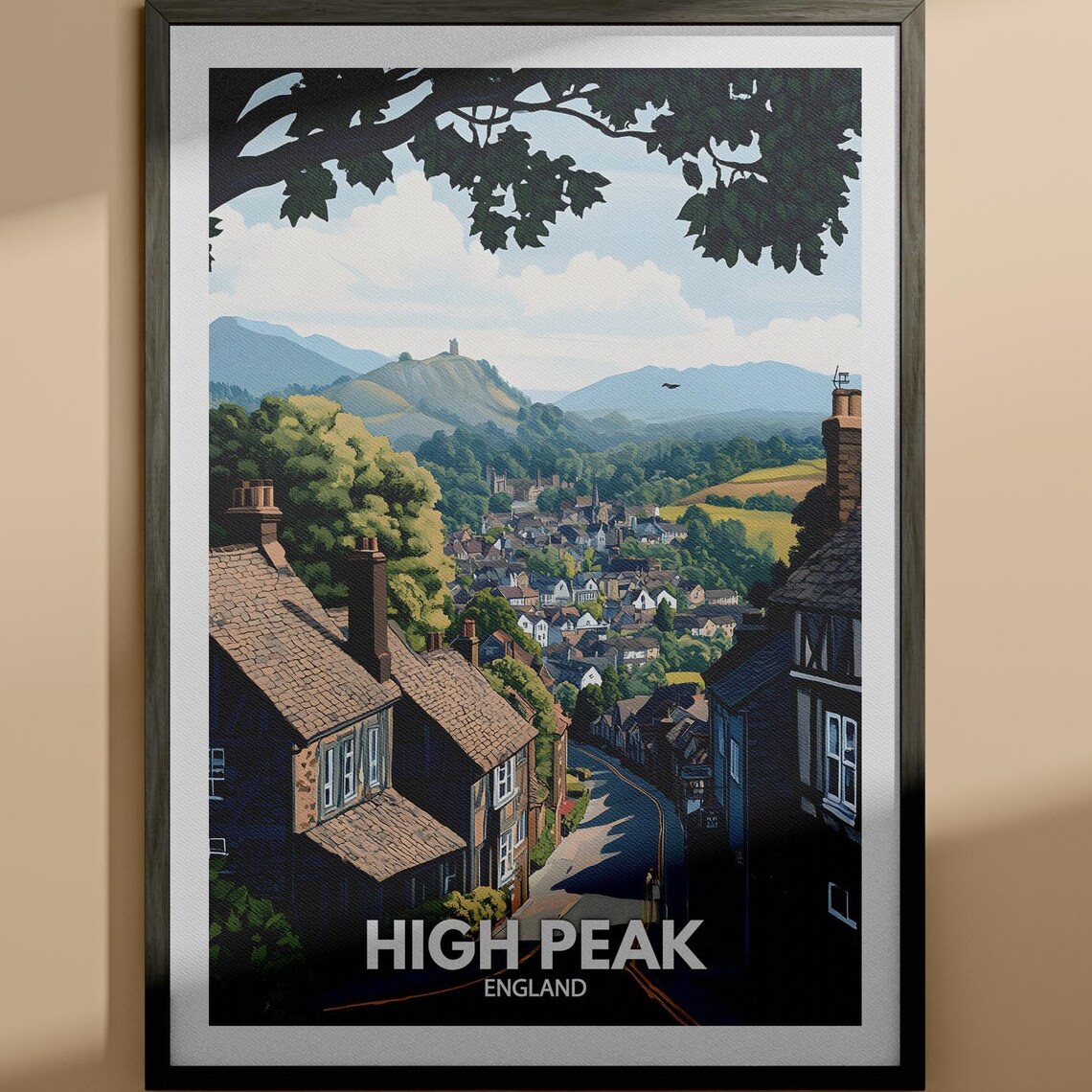 High Peak England Village Street Rolling Hills Travel Poster