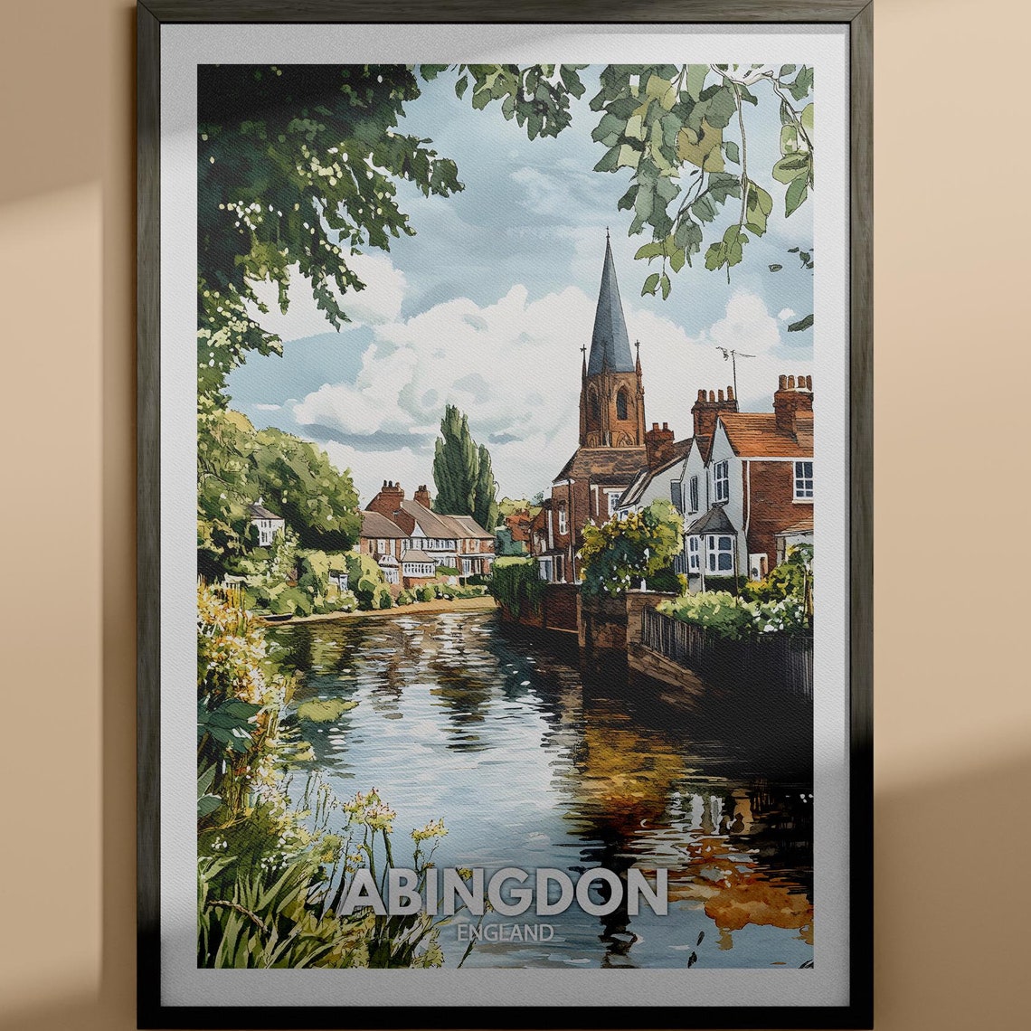 Abingdon England Riverside Church Spire Watercolor Style Travel Poster