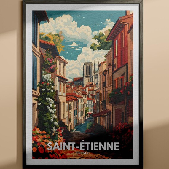 Saint Etienne France Vintage Old Town Cathedral Street Poster