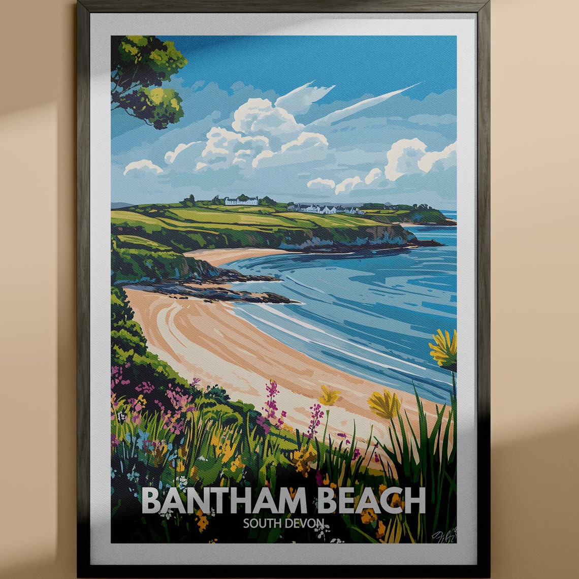 Bantham Beach South Devon Curved Bay Wildflowers Travel Poster
