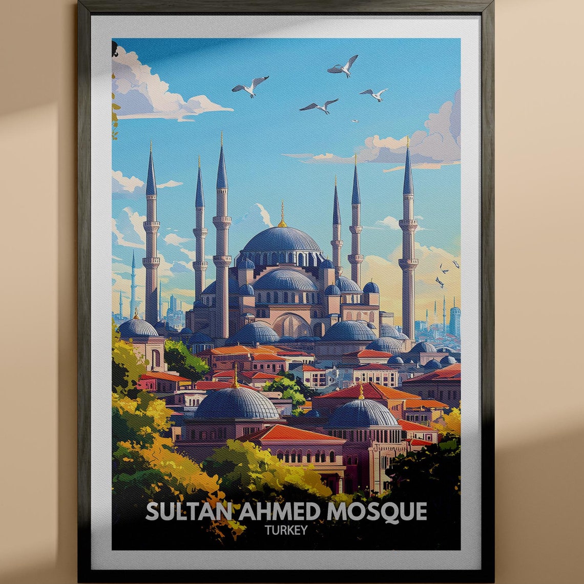 Sultan Ahmed Mosque Turkey Blue Domes Minarets Sunset Travel Poster