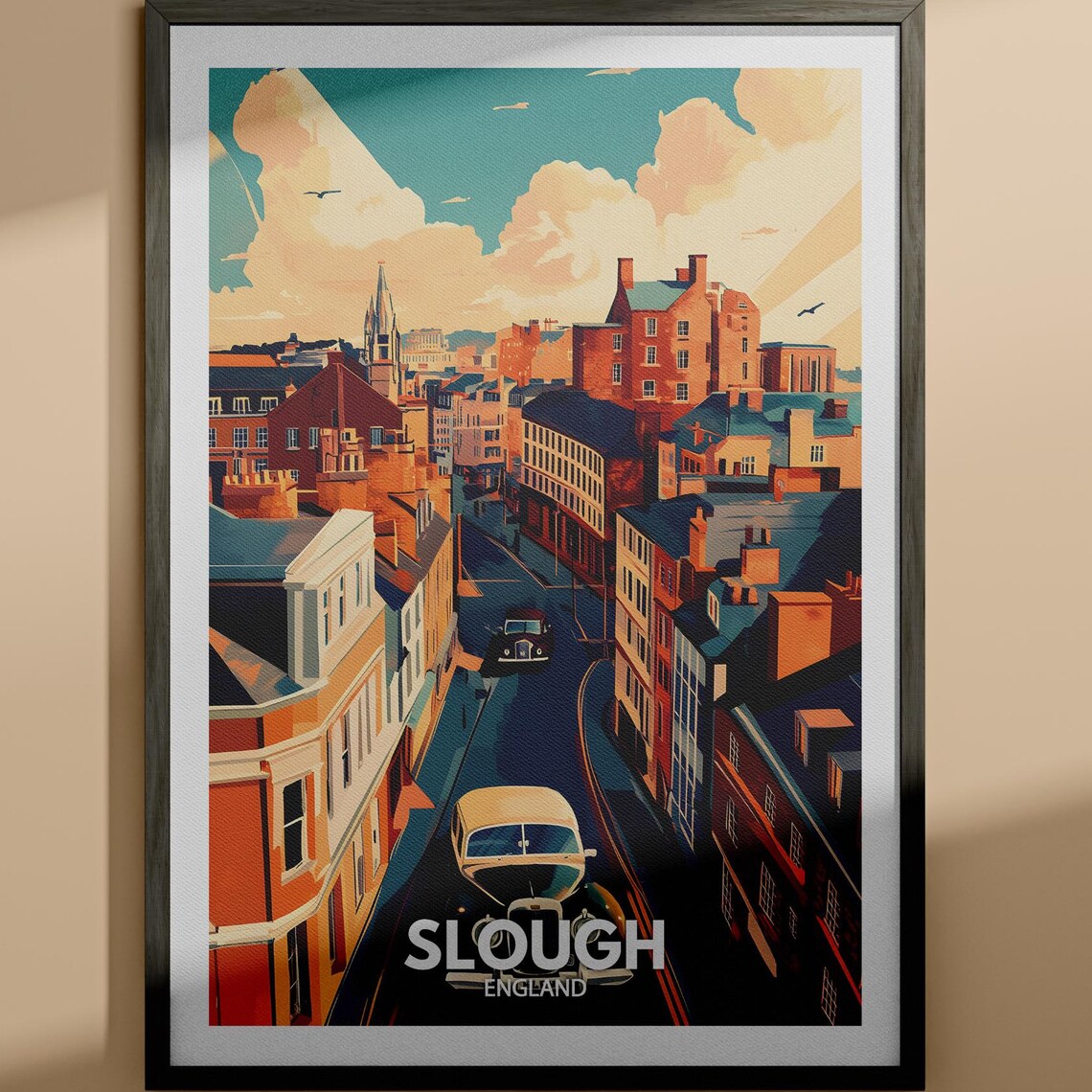 Slough England Vintage High Street Brick Buildings Retro Travel Poster