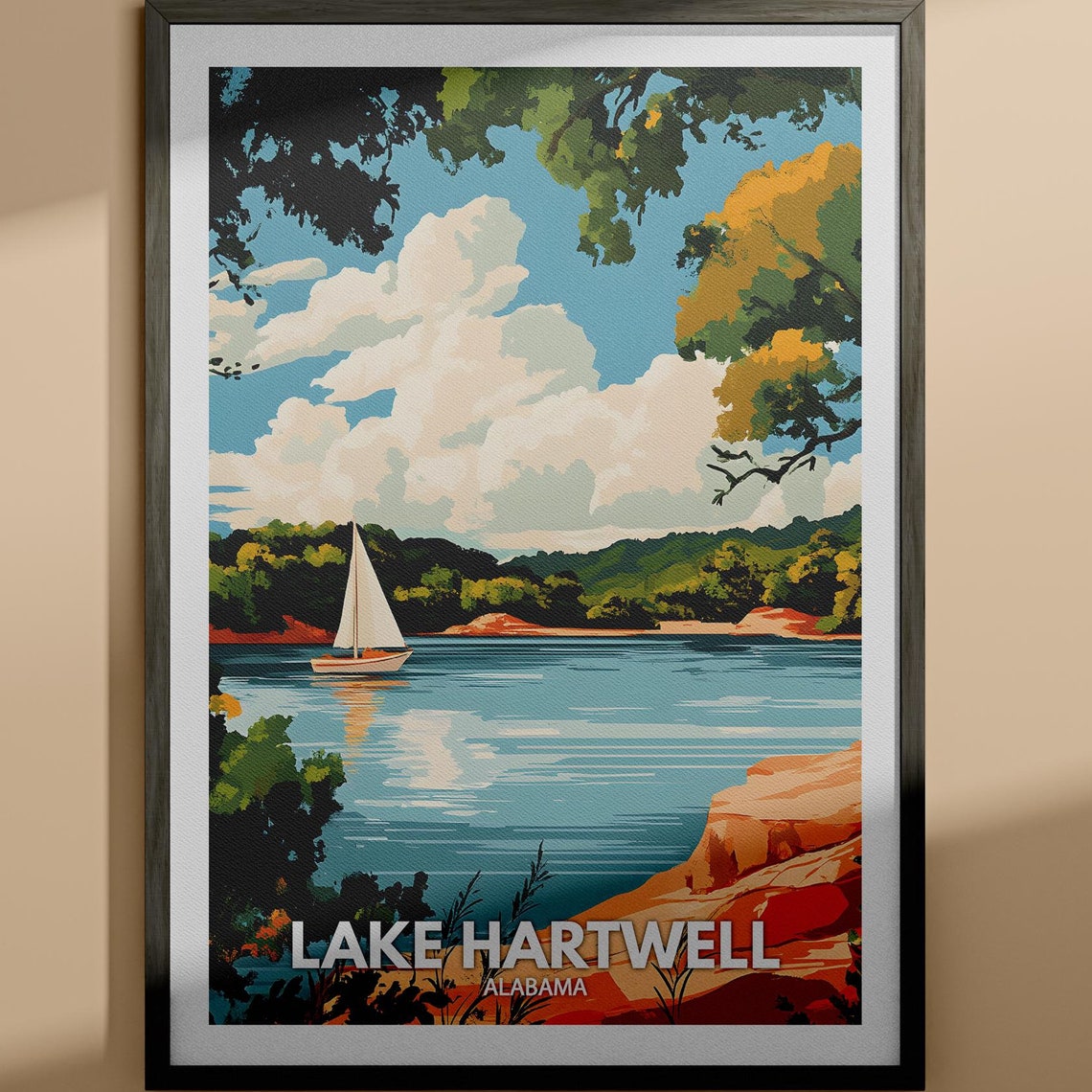 Lake Hartwell Alabama Sailboat Red Rocks Shoreline Travel Poster