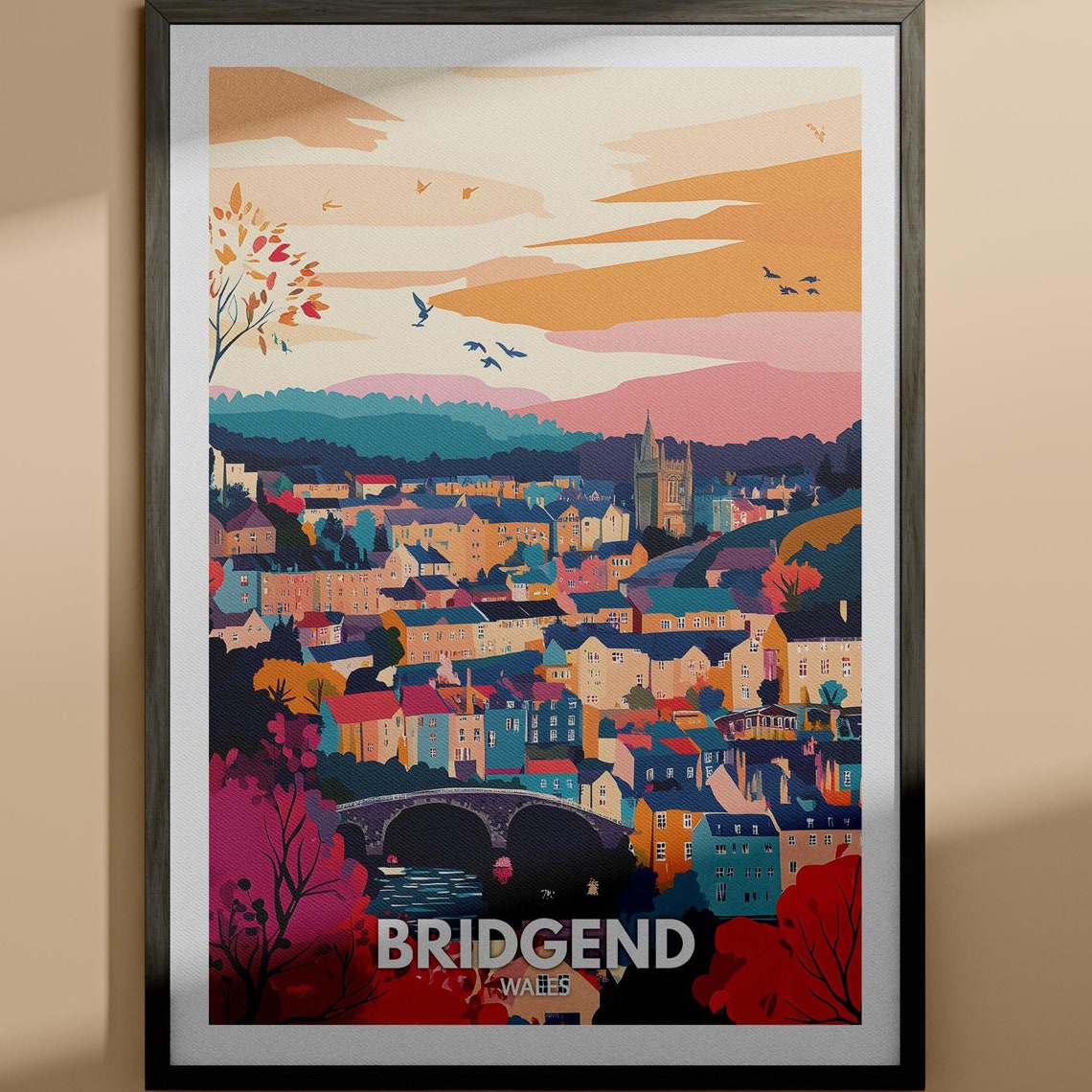 Bridgend Wales Illustrated Town Travel Poster Sunset Bridge Scene