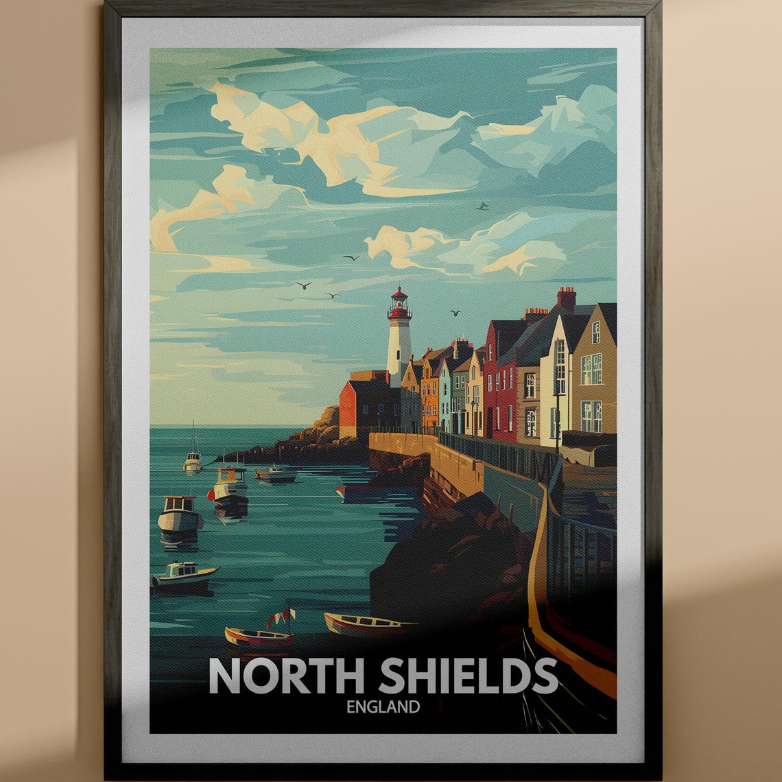 North Shields England Lighthouse Harbor Vintage Travel Poster