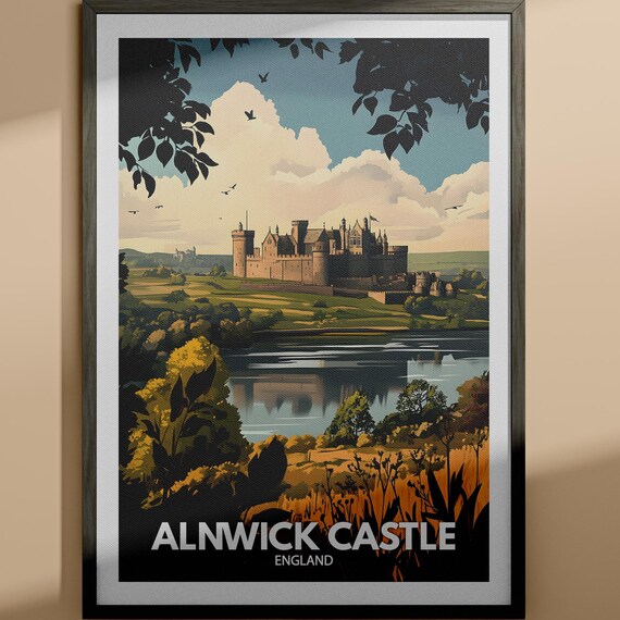 Alnwick Castle England Riverside Vintage Style Travel Art Poster