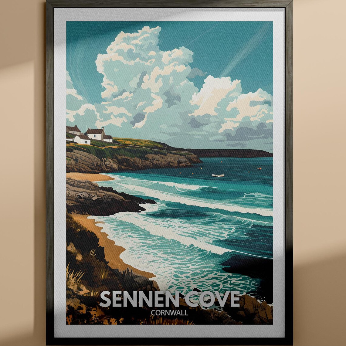 Sennen Cove Cornwall Rocky Headland Coastal Waves Travel Poster