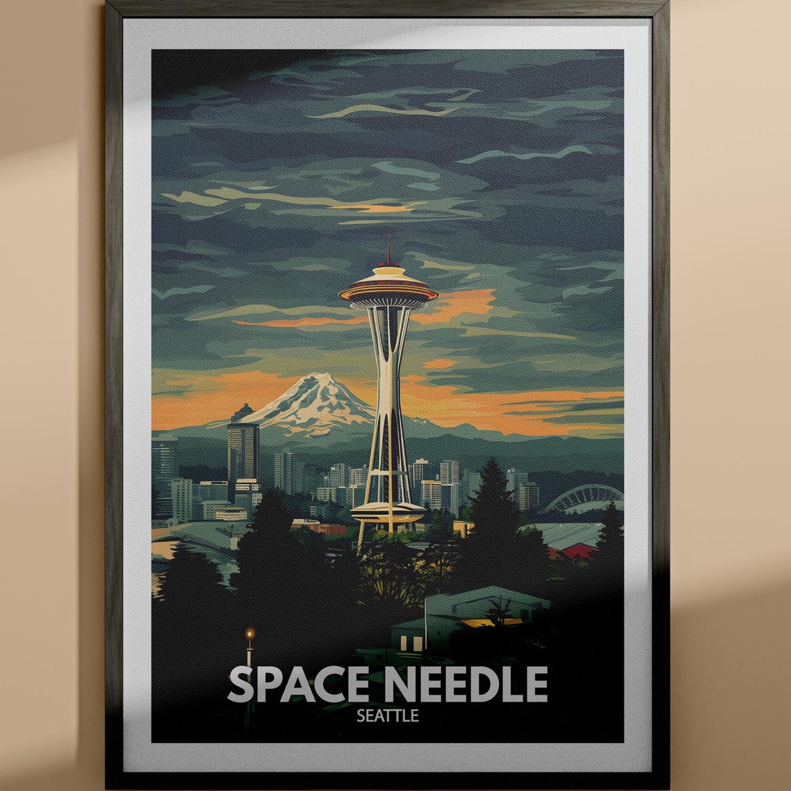 Space Needle Seattle Twilight Skyline Mount Rainier View Poster