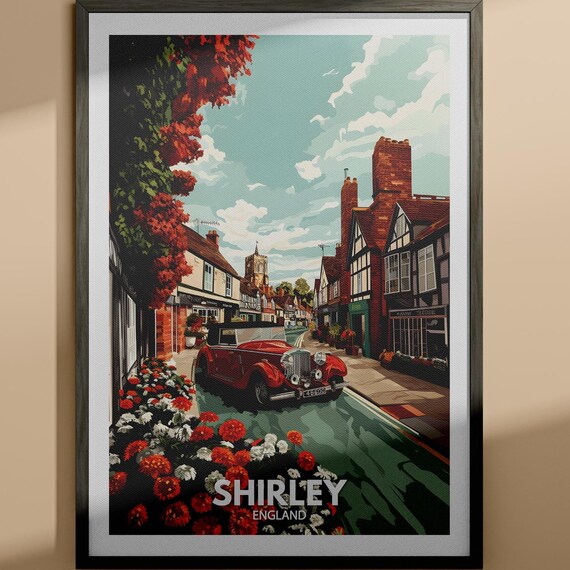 Shirley England Tudor Street Red Classic Car Vintage Travel Poster