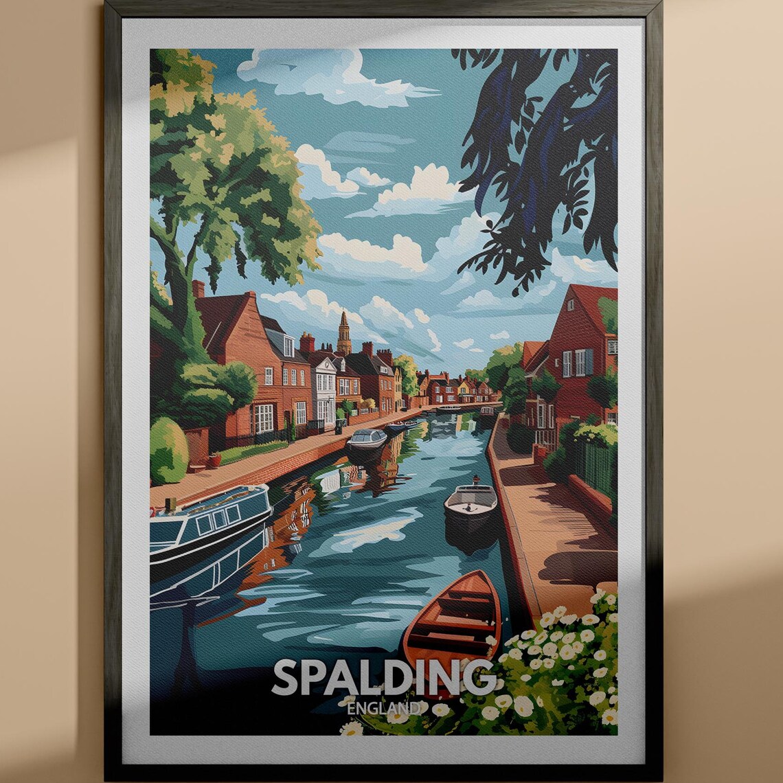 Spalding England Canal Boats Riverside Brick Houses Travel Poster