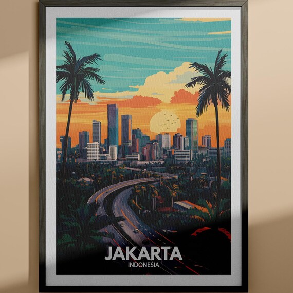 Jakarta Indonesia Skyline Sunset Palms Highway Travel Poster