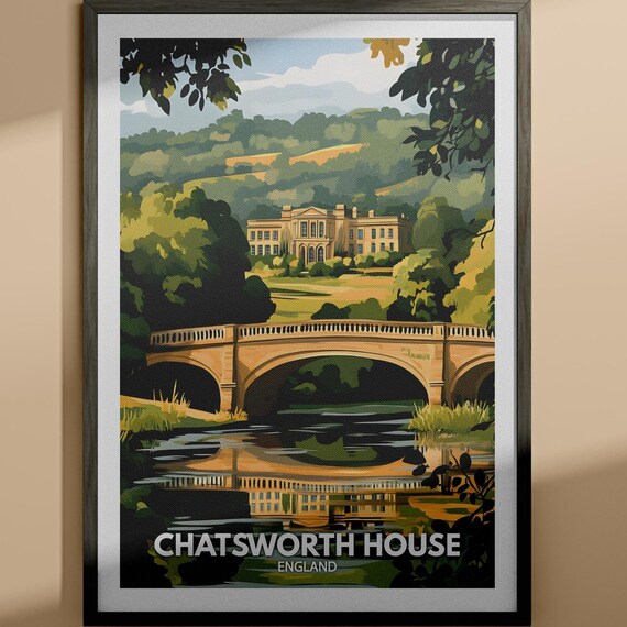 Chatsworth House England Stately Home Stone Bridge Travel Poster