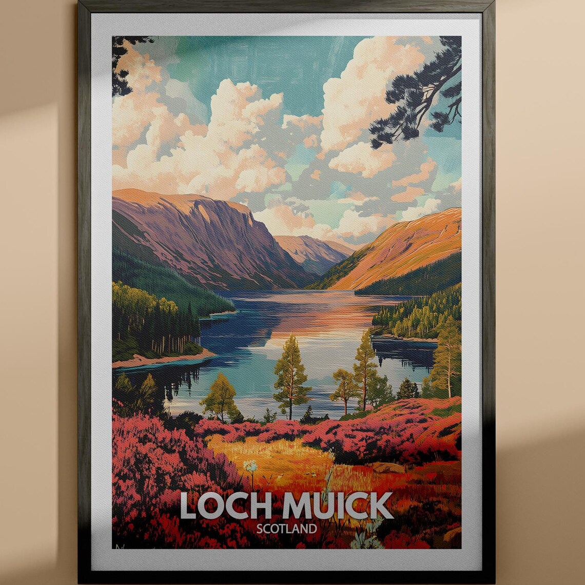 Loch Muick Scotland Mountain Heather Shoreline Retro Travel Poster