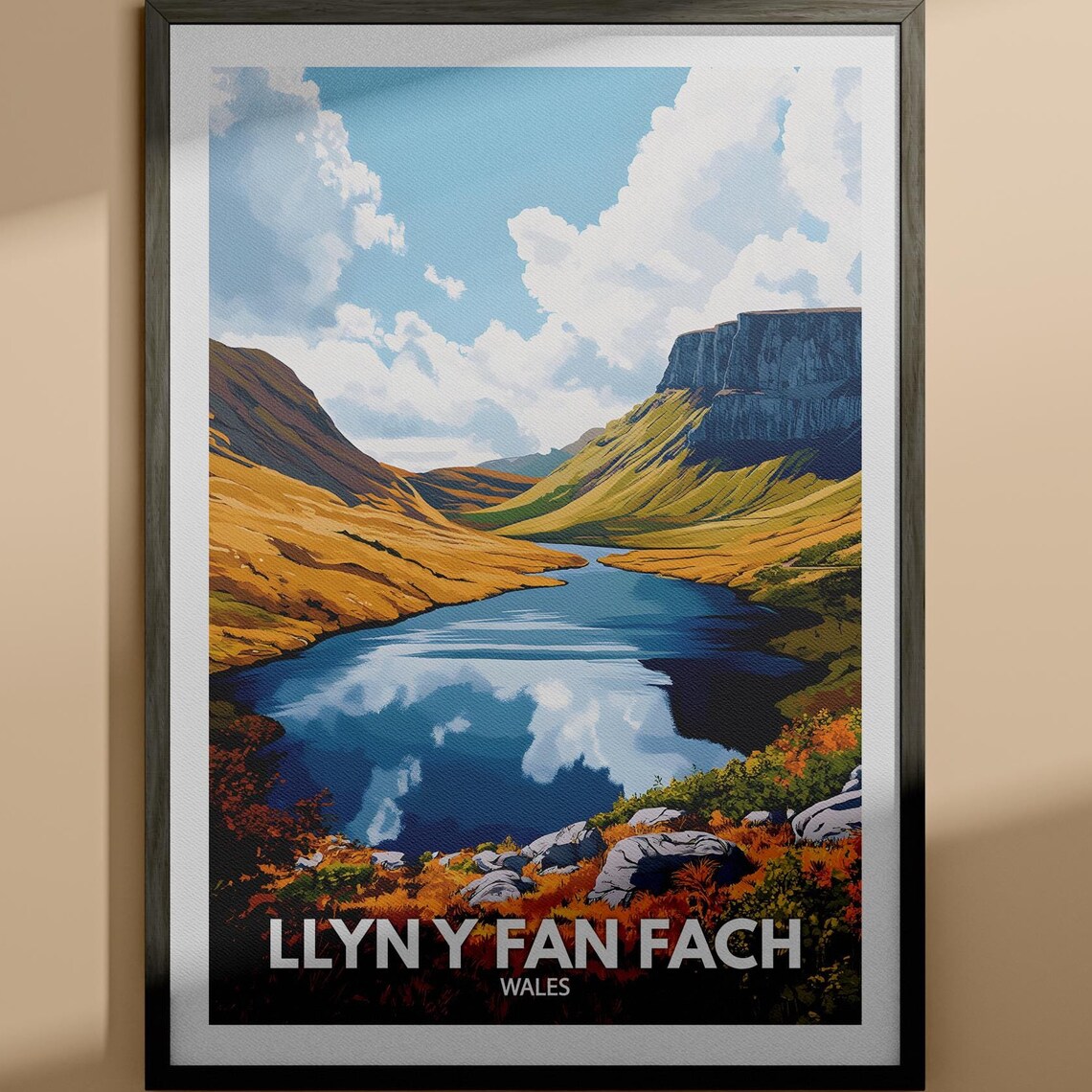 Llyn Y Fan Fach Wales Golden Mountain Lake Retro Travel Poster