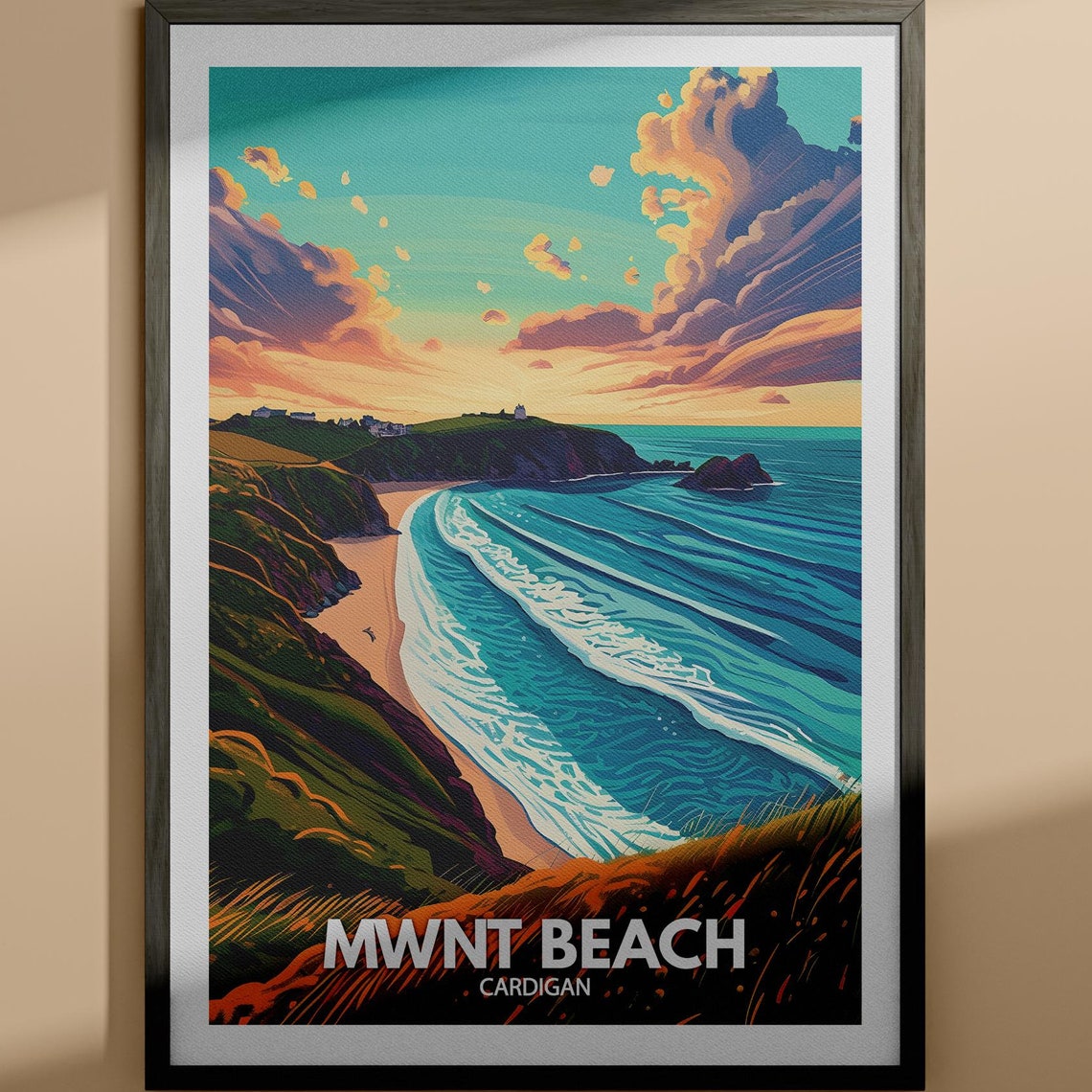 Mwnt Beach Cardigan Sunset Waves Cliffs Golden Sky Vintage Poster