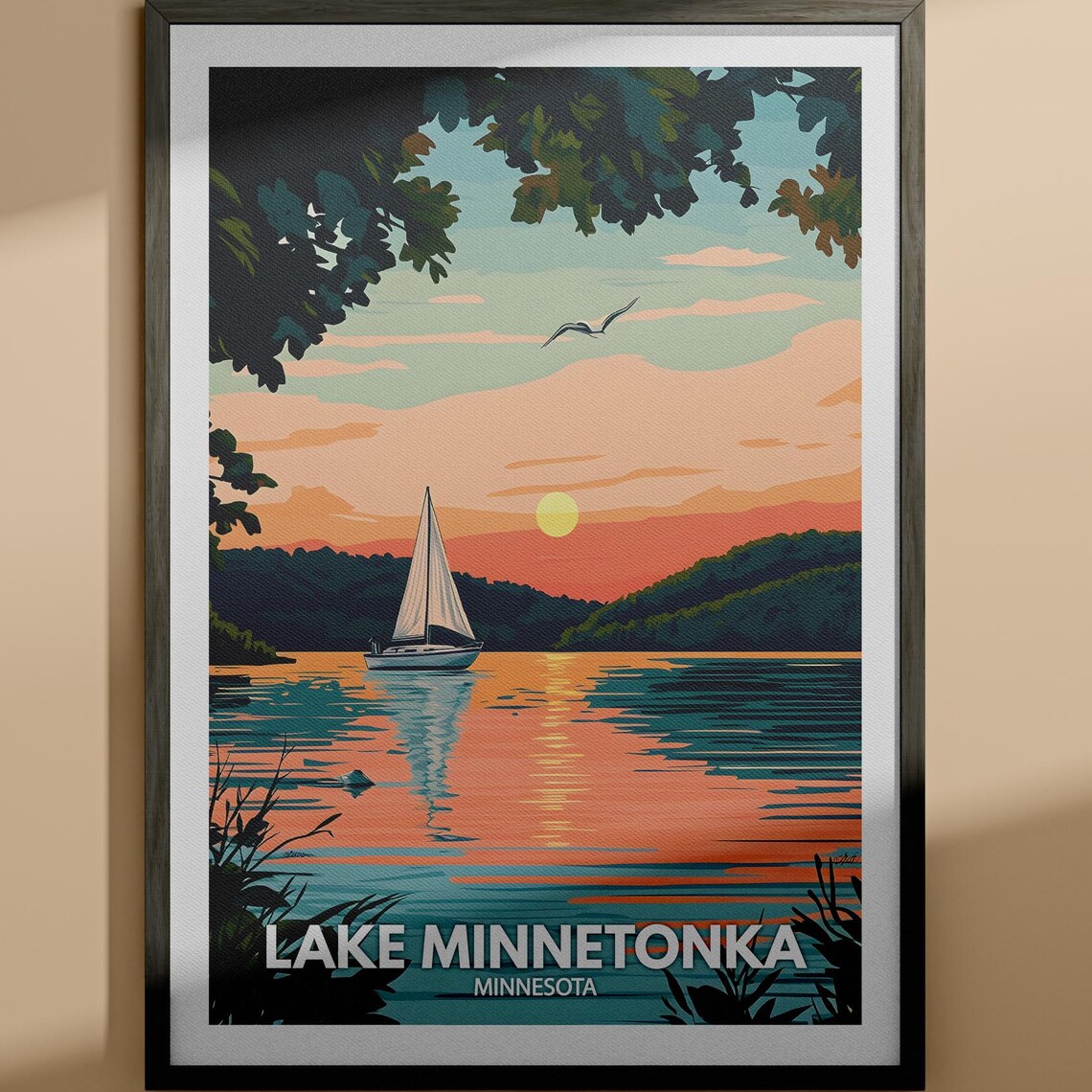 Lake Minnetonka Minnesota Sunset Sailboat Serene Travel Poster