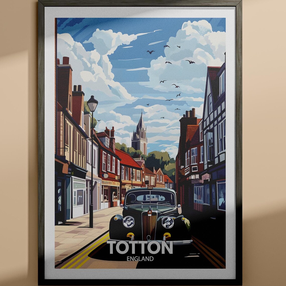 Totton England Historic Street Vintage Black Car Travel Poster
