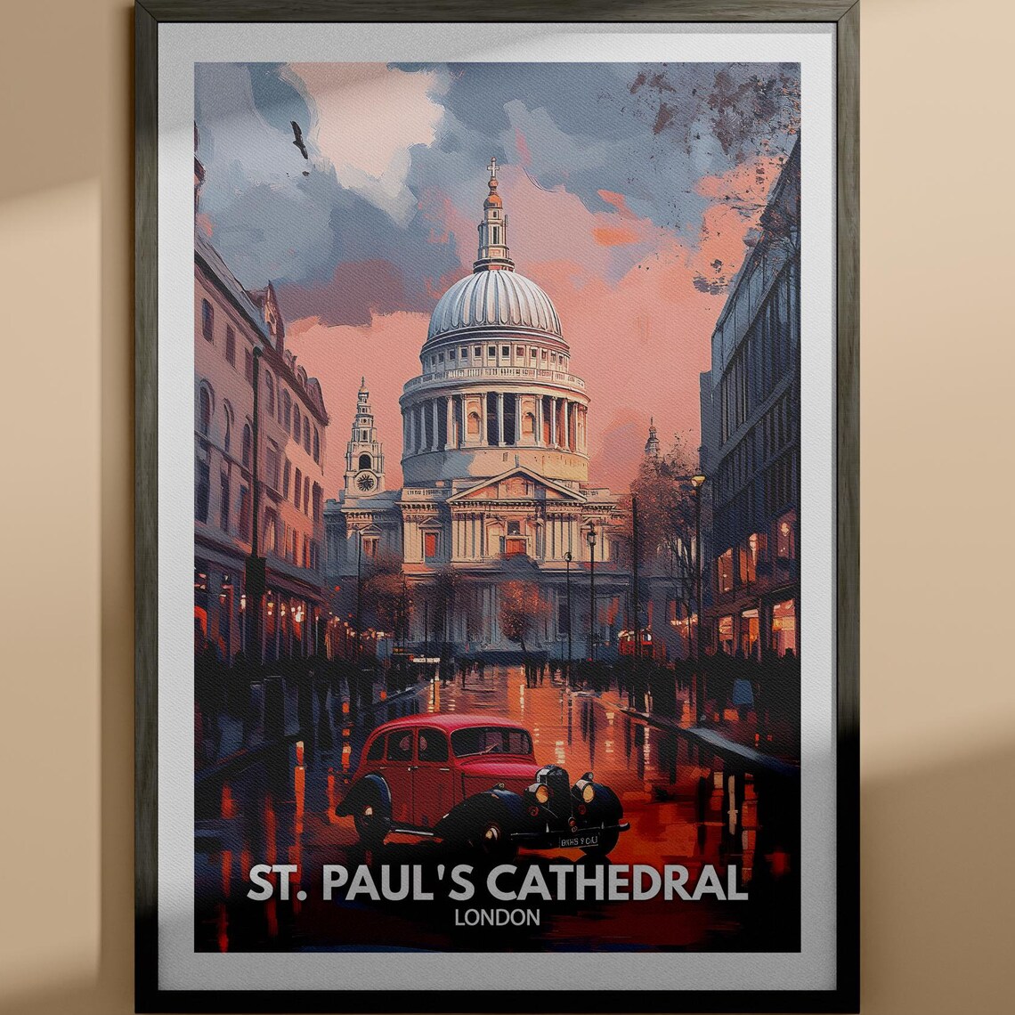 St Pauls Cathedral London Sunset Vintage Red Car Travel Poster