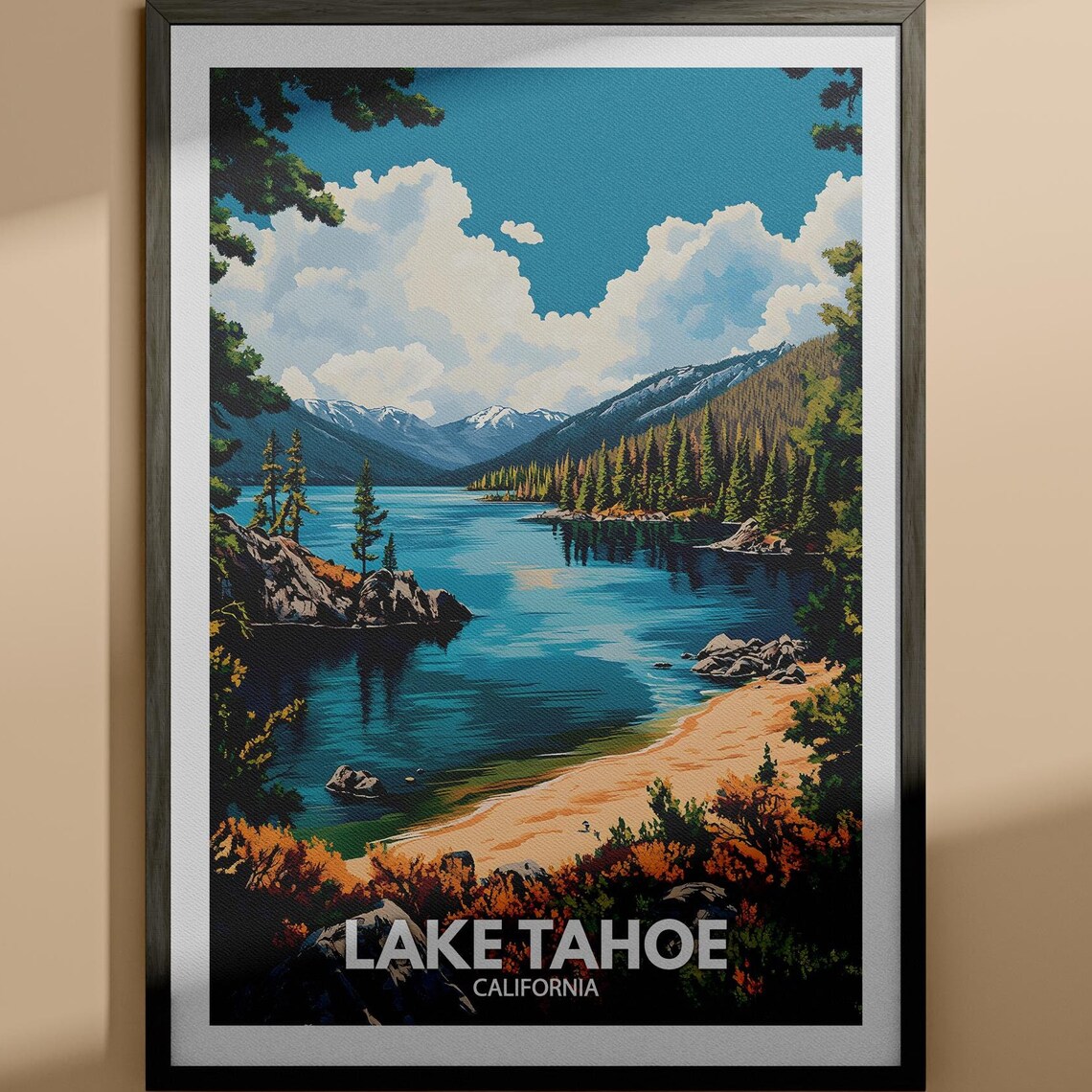 Lake Tahoe California Turquoise Shoreline Pine Forest Travel Poster