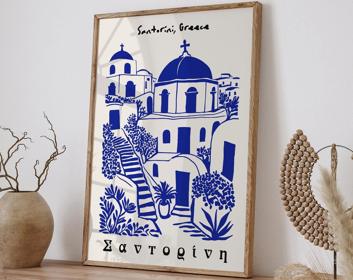 Santorini Greece Blue And White Church Illustration Art Poster